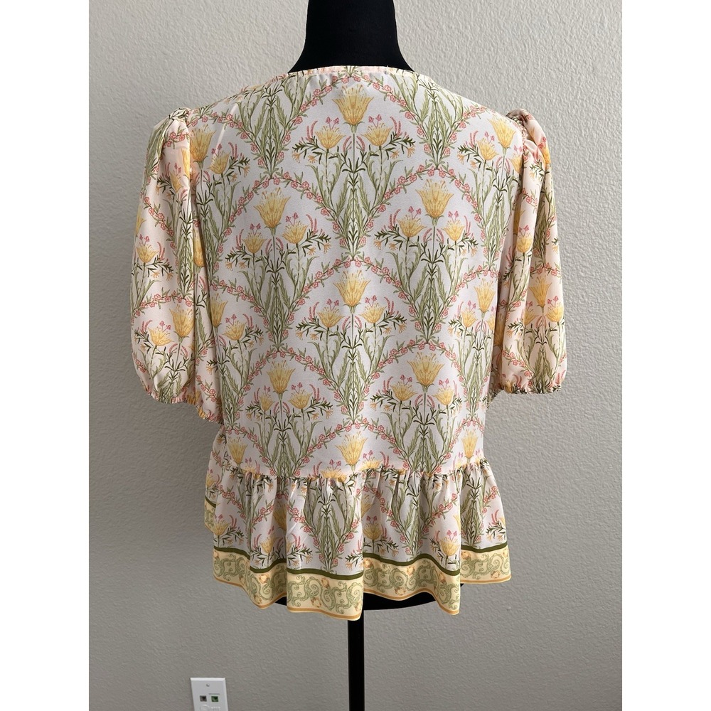 CeCe Medium Floral Peplum Blouse Puff Sleeve Tie Neck Cottagecore Boho Romantic - Picture 4 of 6